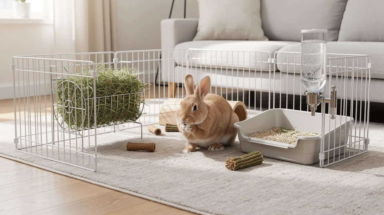 The image shows a well-organized rabbit exercise pen featuring a hay feeder filled with timothy hay, a water bottle for staying hydrated, and a litter box for litter box training. This safe space is designed to keep pet rabbits comfortable, allowing them to engage in their natural behaviors while promoting their well-being.