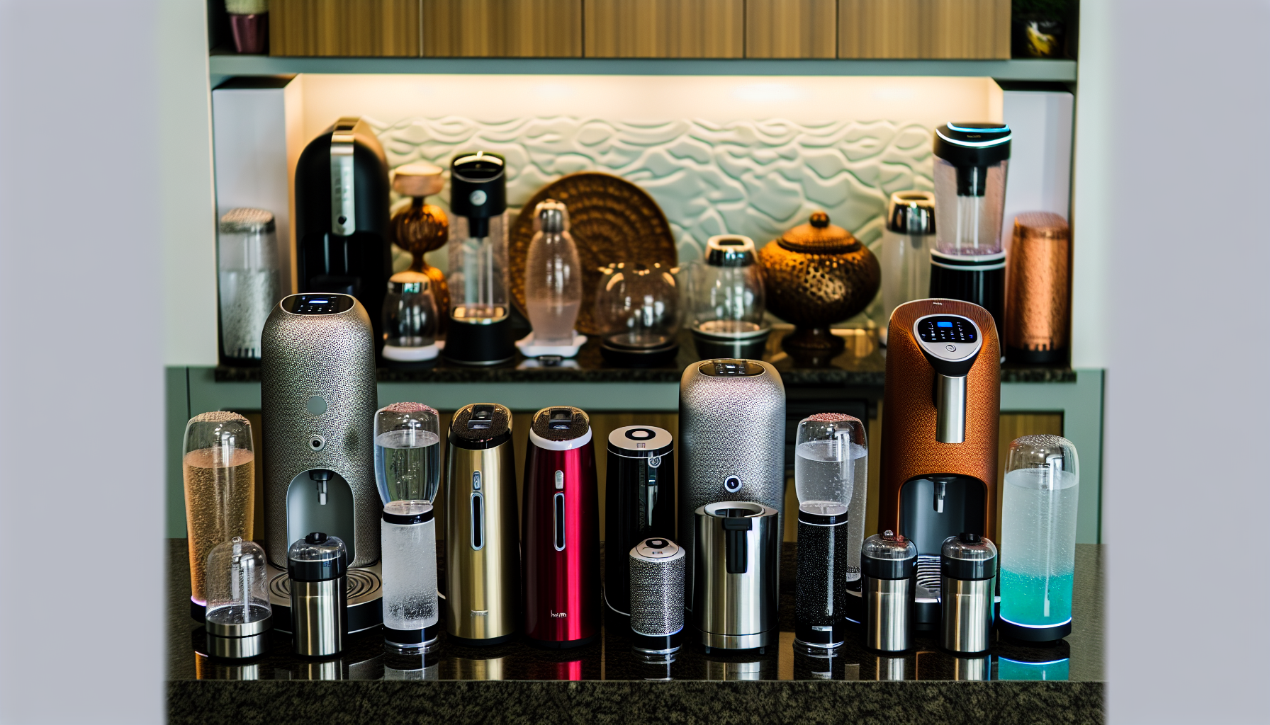 Various sparkling water makers on a kitchen counter