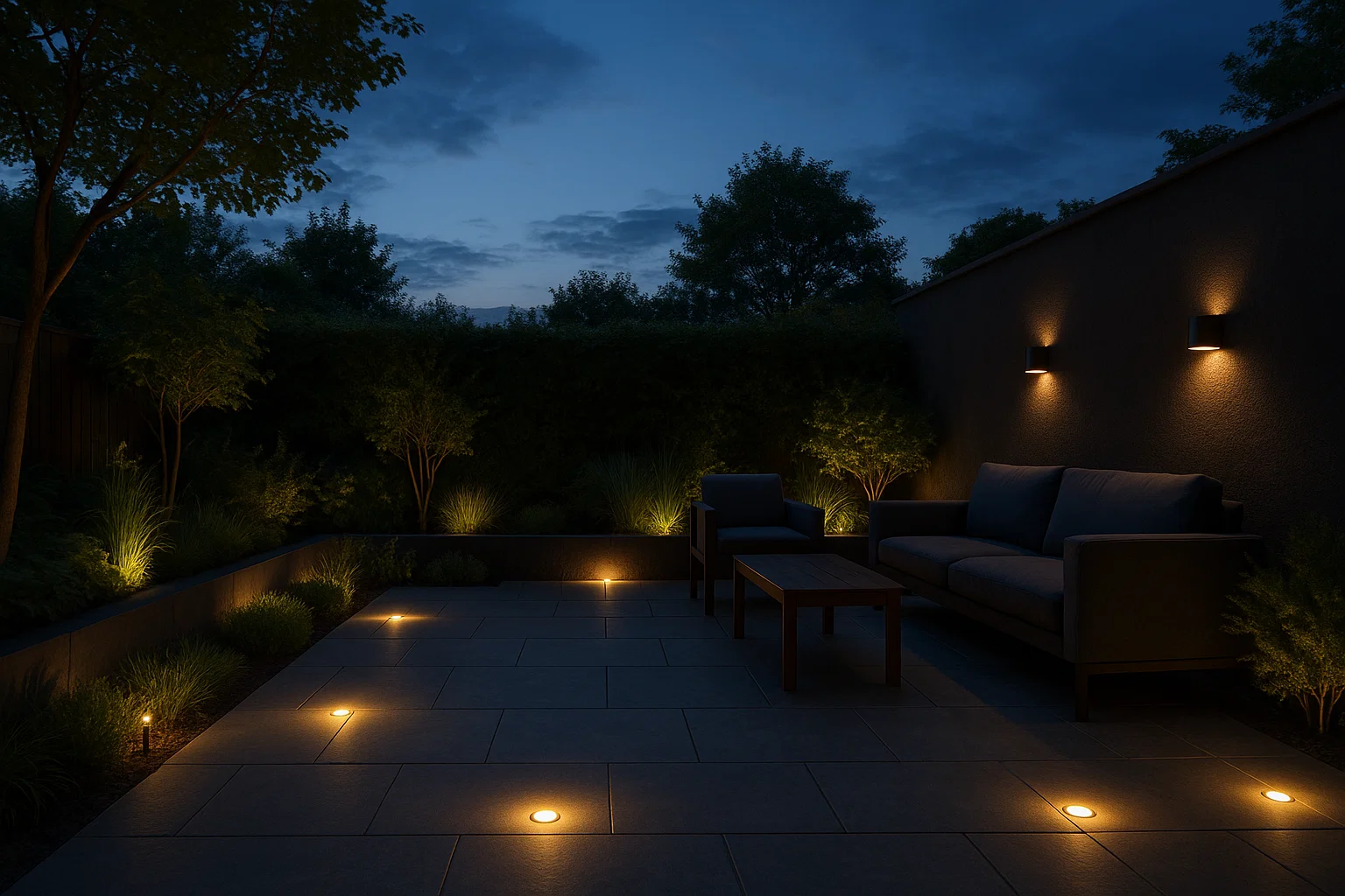 Patio with built-in ground and wall lights creating a warm evening atmosphere.