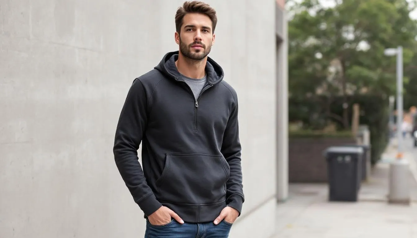 A black motorcycle armoured hoodie is displayed, showcasing its comfortable design suitable for riding, paired with jeans. The hoodie features protective armor, making it ideal for safety-conscious motorcyclists.