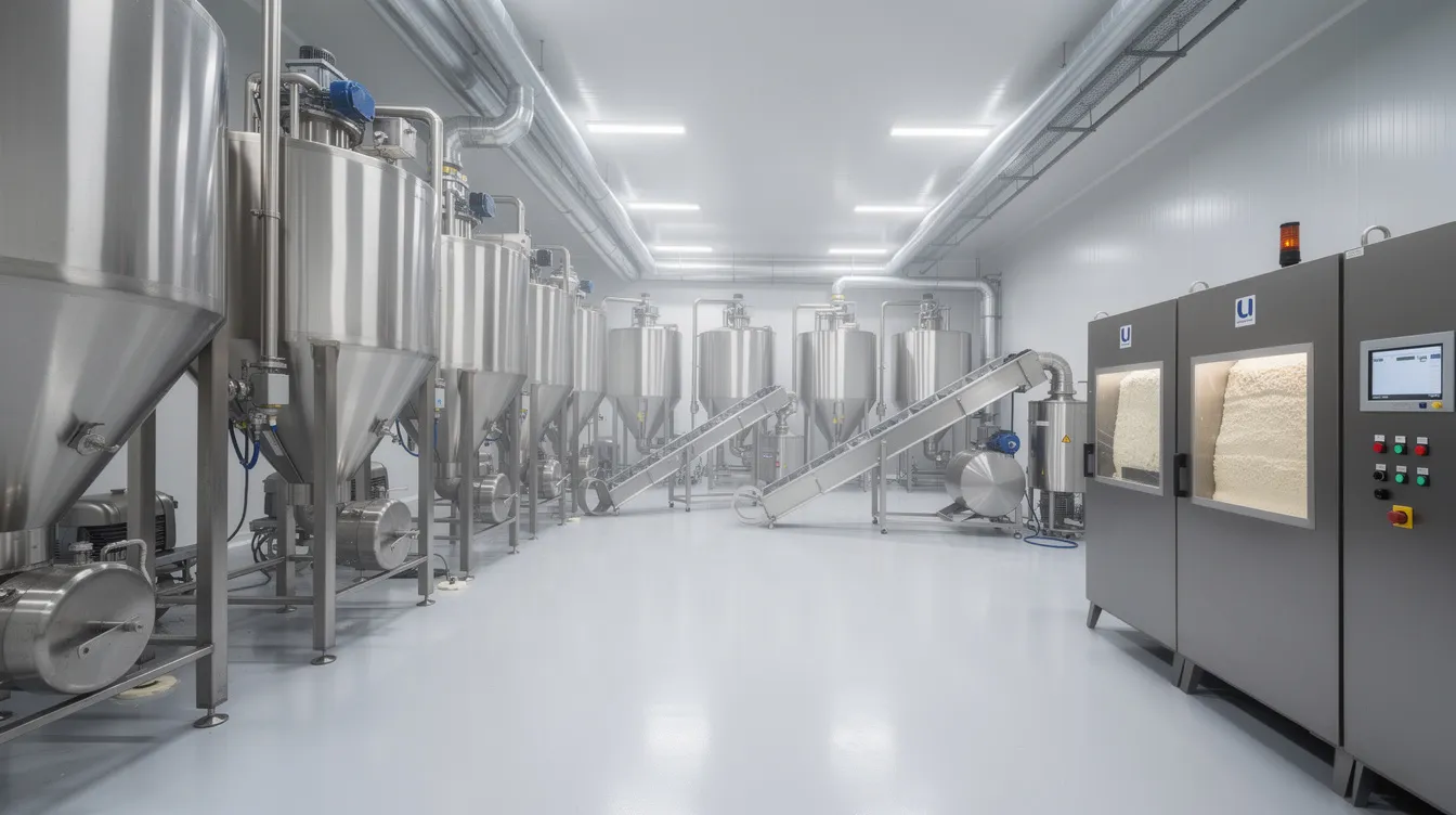 The image depicts industrial stainless steel flour milling and blending machinery inside a food processing factory, showcasing various flour mill equipment designed for high efficiency in producing flour from different grains. The setup emphasizes the milling process with roller mills and grinding rolls, ensuring reliable operation and optimal flour quality to meet customer demand.