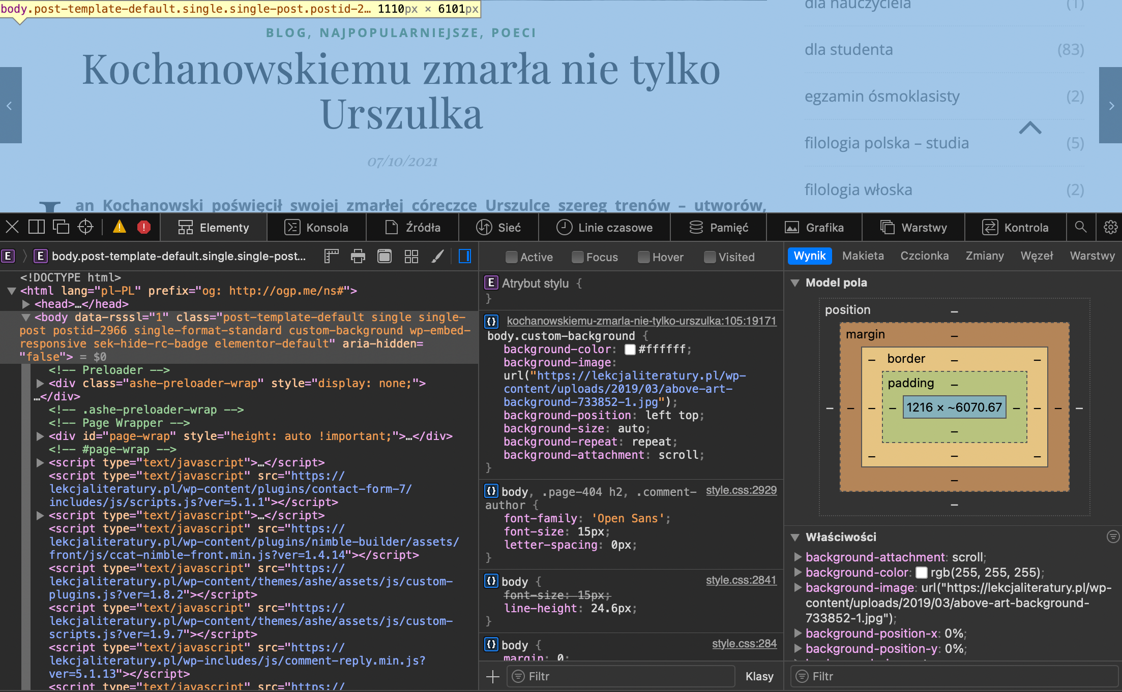 Fragment kodu strony z gotowym motywem WordPress (lekcjaliteratury.pl).