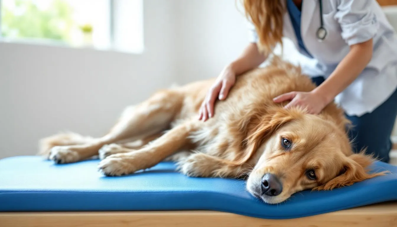 A dog is engaged in a physical therapy session, with a therapist guiding its movement exercises to aid recovery from intervertebral disc disease (IVDD). The session focuses on improving the dog