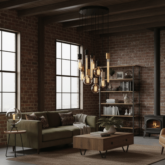 Industrial vintage chandelier with multiple hanging Edison bulbs and black metal canopy, vintage lighting idea for a loft-style living room.