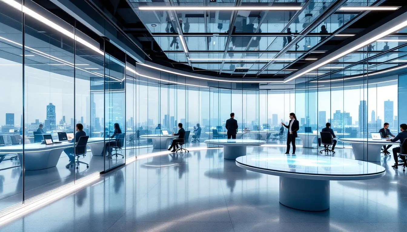 In the image, a futuristic office space showcases integrated technology with collaborative work areas designed to enhance communication and employee engagement. The environment reflects a cultural transformation where organizations embrace AI, utilizing AI-powered tools for deeper insights and supporting continuous learning among diverse teams.