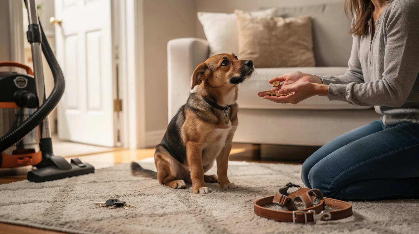 The image depicts a young puppy exhibiting fearful body language in a new environment, surrounded by unfamiliar objects and stimuli. The scene captures the essence of puppy fear periods, highlighting the importance of understanding and positively reinforcing the puppy's experiences to help them build confidence and overcome their fears.