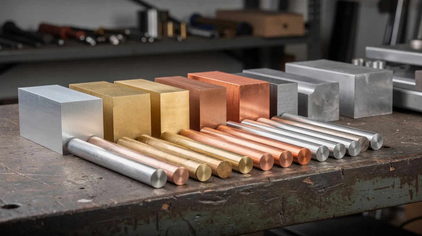 An assortment of raw metal blocks and rods, including aluminum, brass, copper, and stainless steel, is neatly arranged on a workbench, showcasing a variety of materials commonly used in CNC machine products for efficient and constant production. The display highlights the precision and quality of these component pieces, essential for industries such as automotive and aerospace.