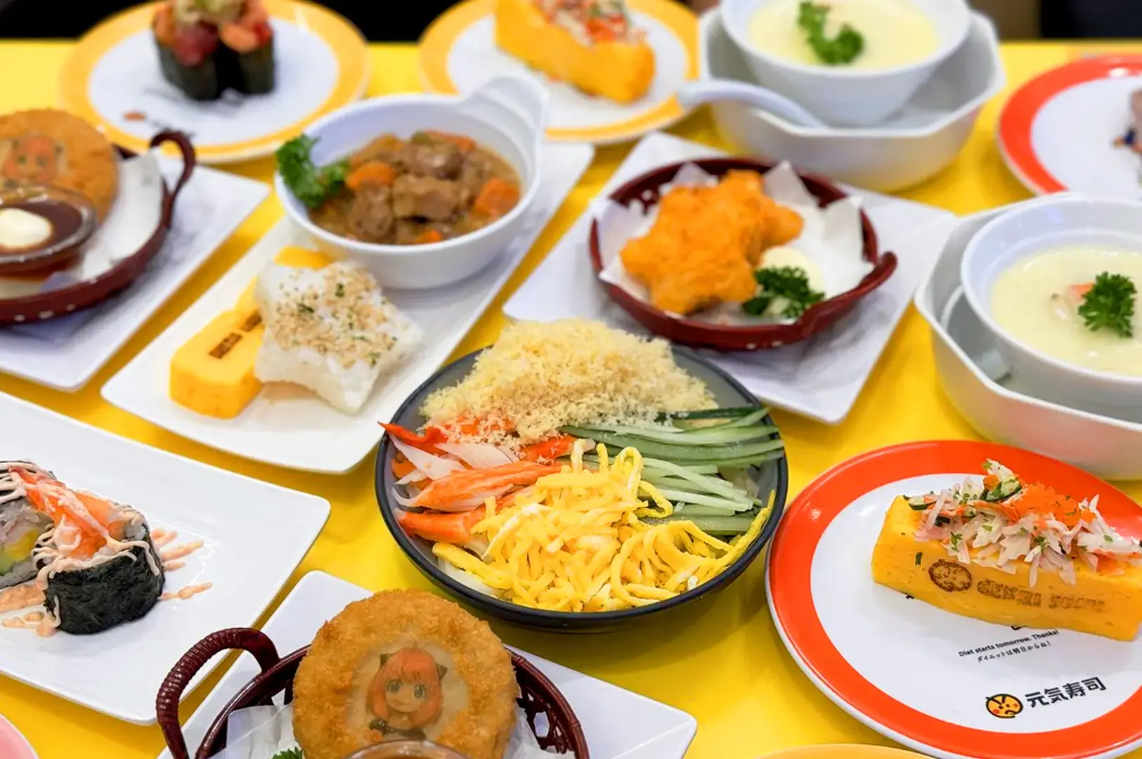 Genki Sushi Singapore dishes featuring sushi, Japanese side dishes, chawanmushi and colorful plates