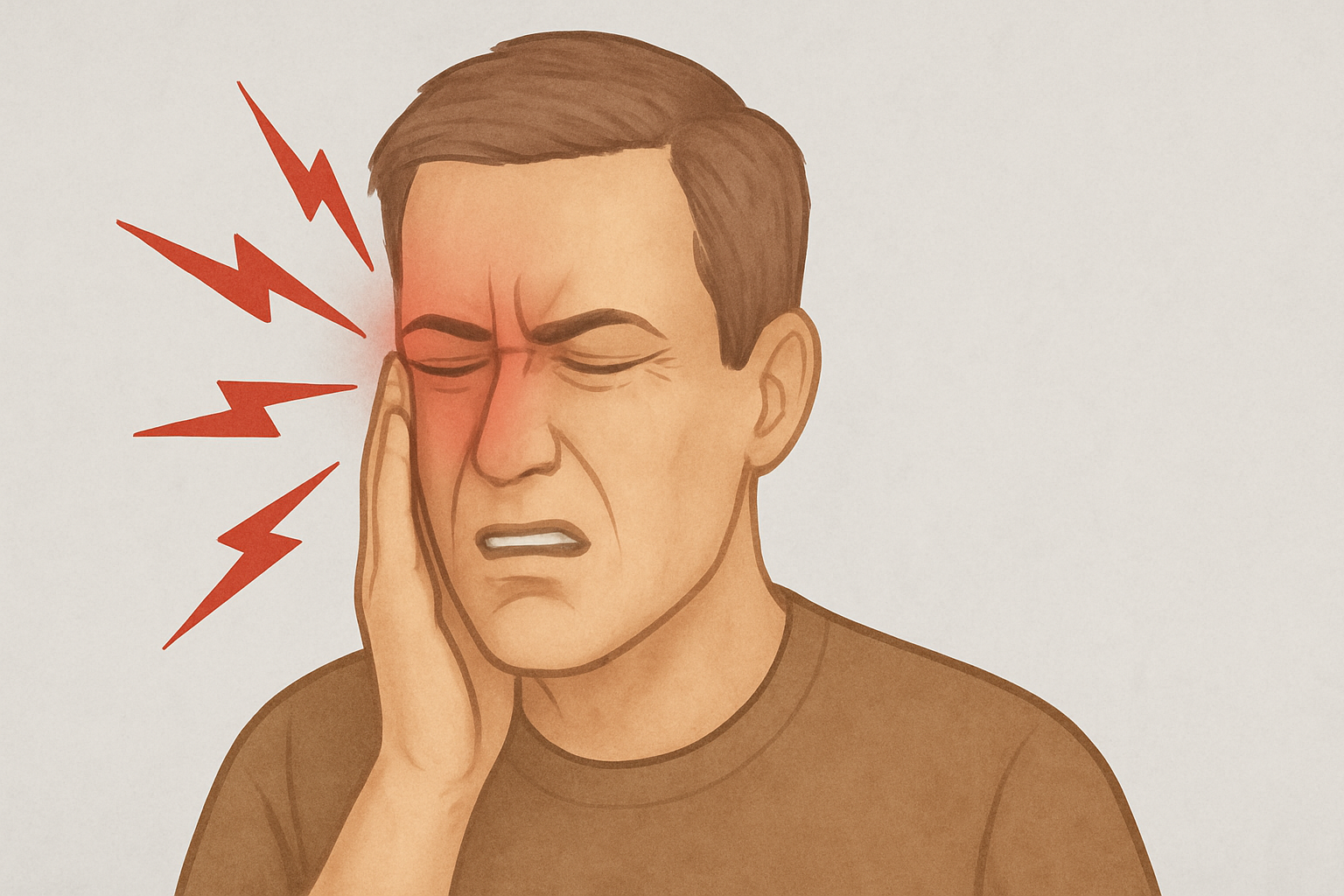 Illustrasjon av mann med plutselig, intens smerte i ansiktet, typisk for nevralgi.