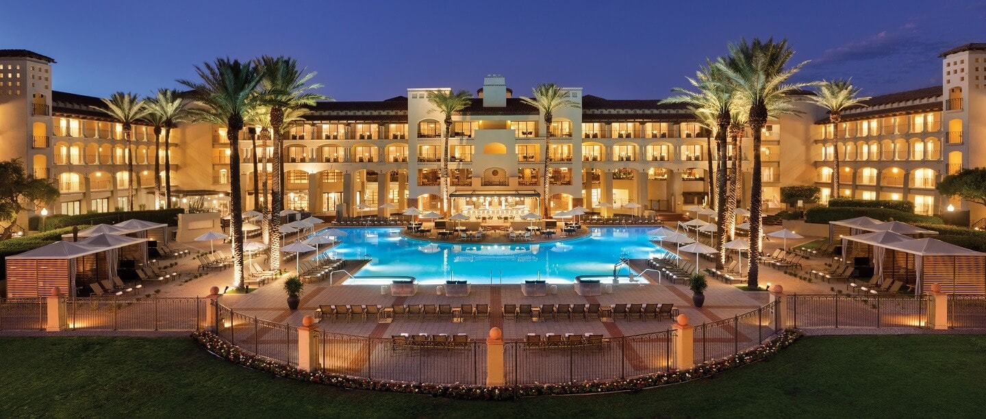 A stunning view of Fairmont Scottsdale Princess, showcasing its luxurious architecture and beautiful landscaping.