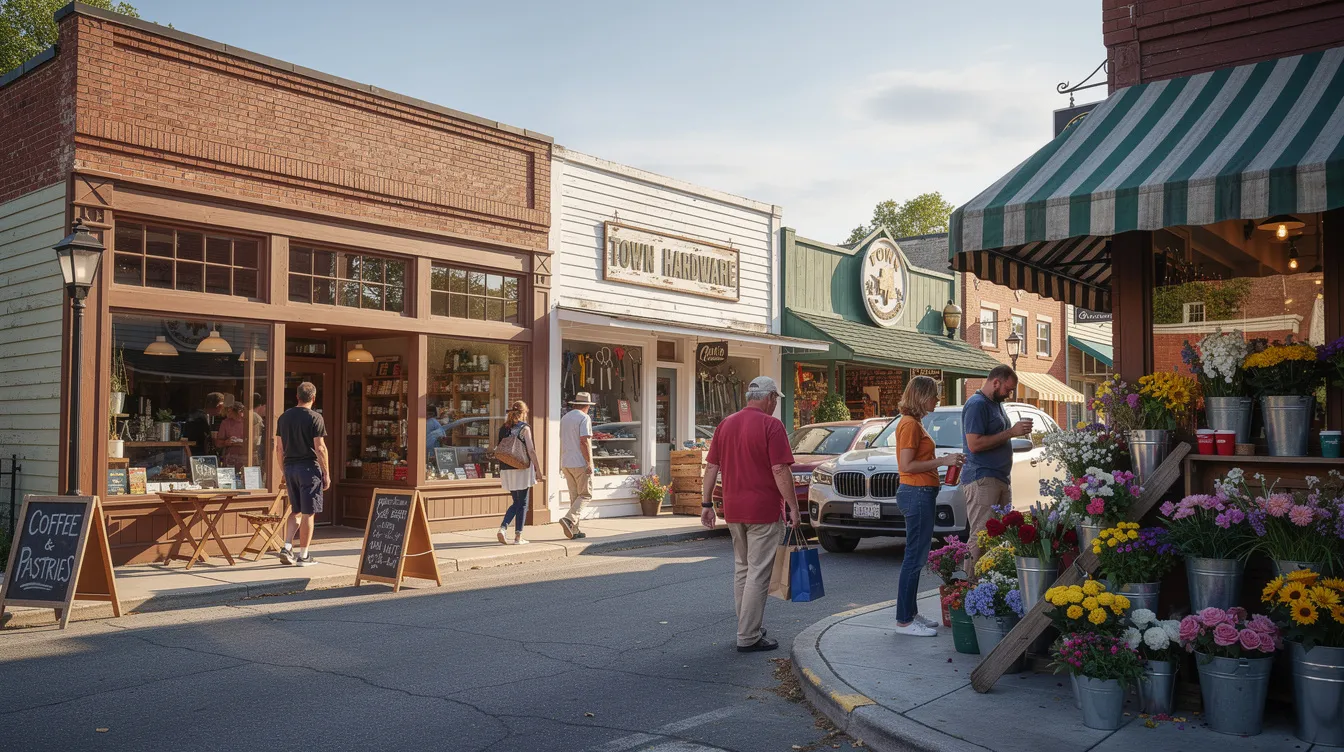 The image depicts a bustling small-town main street filled with various storefronts, including a coffee shop, hardware store, and flower shop, as pedestrians stroll along the sidewalk. This vibrant scene showcases the heart of the small business economy, highlighting the importance of independent businesses in fostering community engagement and job creation.