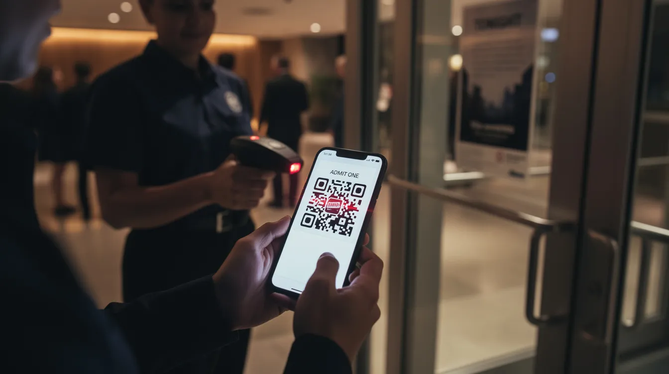 A person is holding a smartphone and scanning a QR code ticket at the entrance of a theatre, illustrating the use of a ticketing system for event entry. This moment highlights the integration of technology in the events industry, enhancing customer experience and streamlining the check-in process.