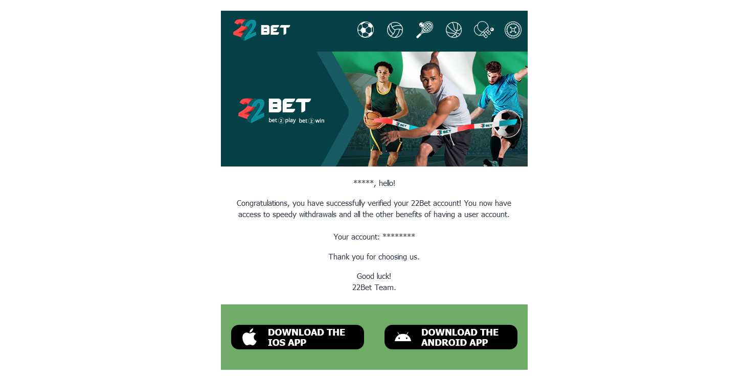 Your 22bet account validation