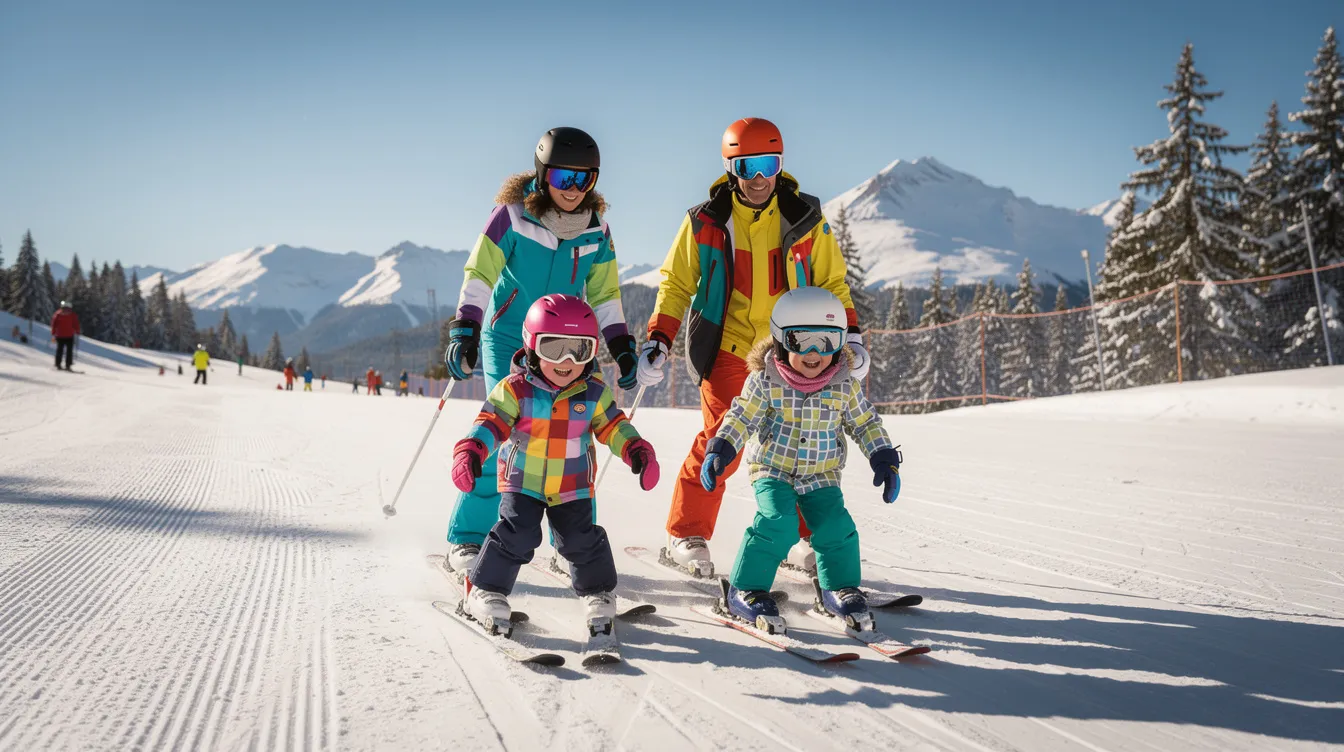 Eine Familie mit Kindern genießt das Skifahren auf einer sanften Piste in den bayerischen Alpen, umgeben von schneebedeckten Bergen. Diese Szene zeigt das Pistenvergnügen im Skiurlaub, ideal für Familien, die die Vielfalt der Skigebiete in Deutschland erkunden möchten.