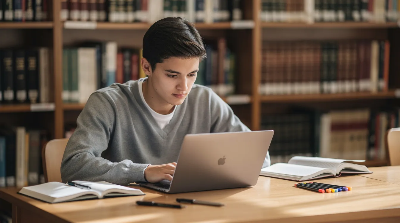A university student is focused on their laptop in a quiet library, surrounded by notebooks, as they engage in academic writing and critical thinking for their writing assignments. This scene reflects the integration of AI tools in the writing process, showcasing the modern learning environment in higher education.