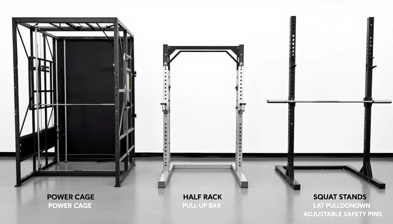 The image displays a comparison of different types of squat racks, including a sturdy power cage, a versatile half rack, and compact squat stands, showcasing various options for home gym equipment. Each rack features distinct attributes suitable for strength training exercises like squats and bench presses, helping users decide on the best fit for their fitness goals.