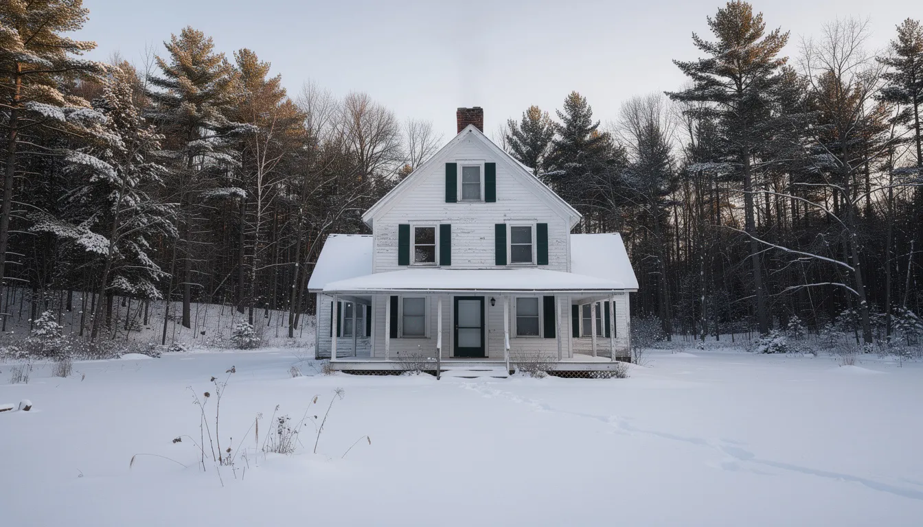 The image depicts a charming rural Maine home blanketed in snow, surrounded by a serene forest. The peaceful winter scene highlights the importance of maintaining indoor air quality, especially during colder months when homes may be prone to poor air quality due to mold spores and other airborne particles.