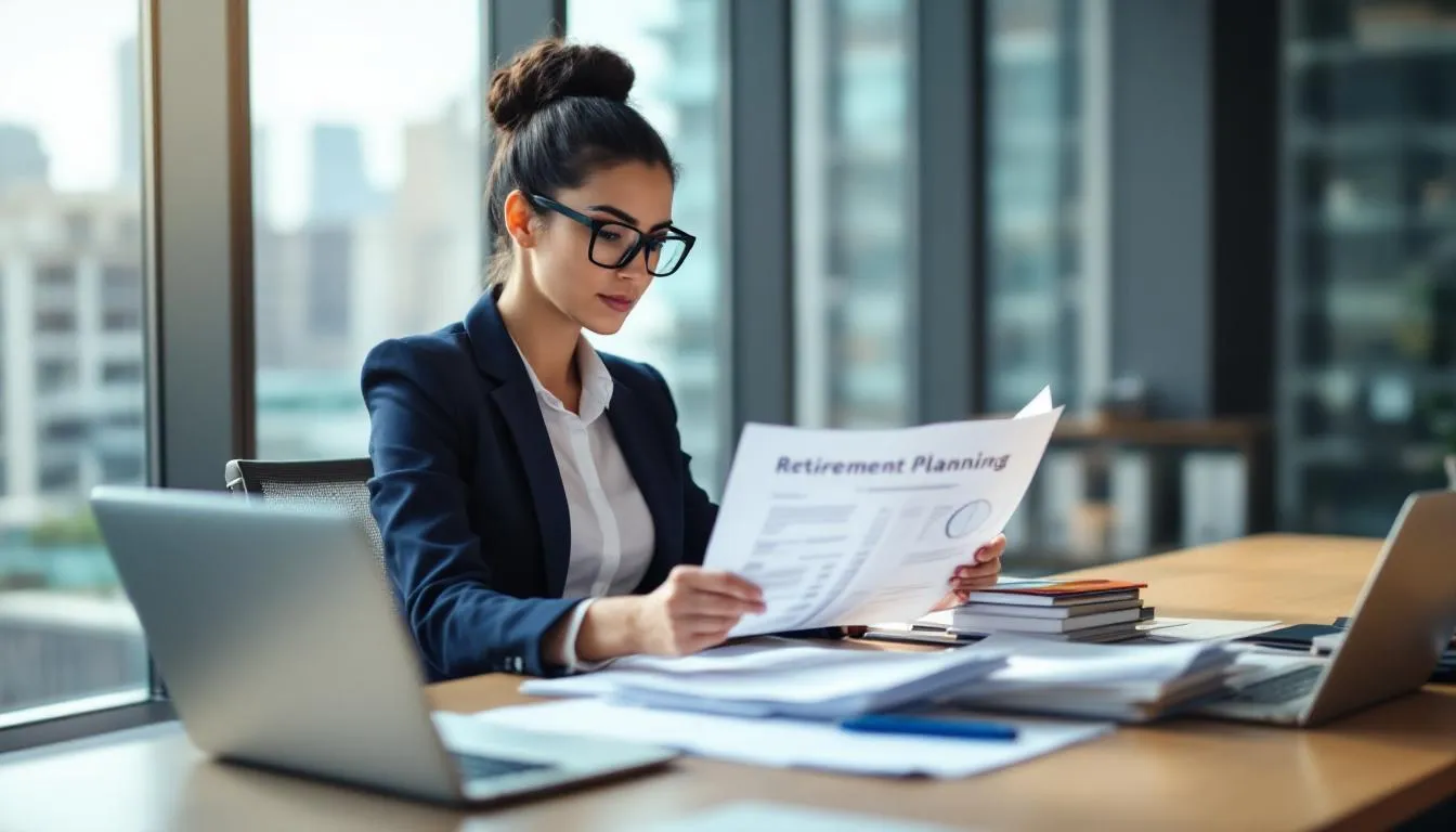 A professional businesswoman is intently reviewing financial documents and retirement planning materials, including life insurance policies and retirement income strategies. She appears focused on understanding the cash value component and benefits of various life insurance retirement plans to enhance her retirement savings.