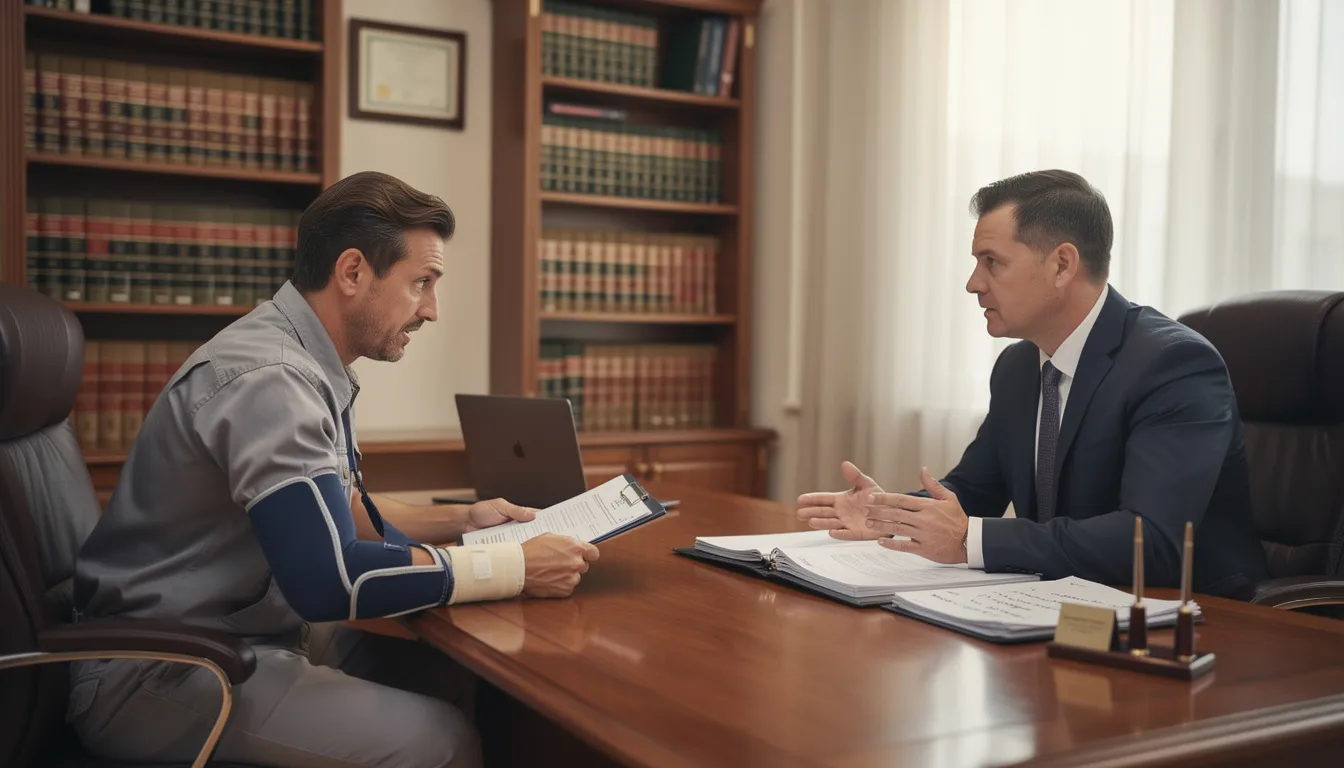 In a law office setting, an experienced workers compensation lawyer is engaged in a professional consultation with an injured worker, discussing the details of their workplace injury and potential workers compensation benefits. The atmosphere is focused and supportive, highlighting the importance of legal guidance for navigating workers comp claims and ensuring fair compensation for medical expenses and lost wages.