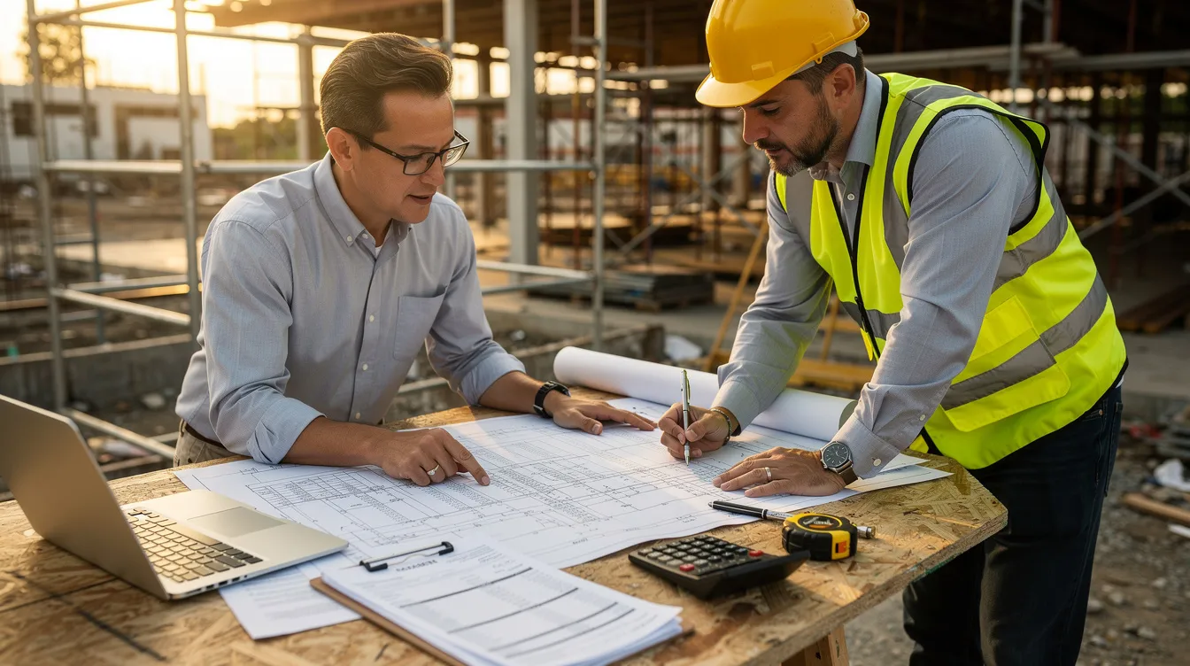 An accountant and a contractor are seated at a jobsite table, reviewing financial documents related to construction projects. They are discussing important aspects of construction accounting, such as job costing and financial statements, to ensure informed decisions for the long-term success of their construction business.