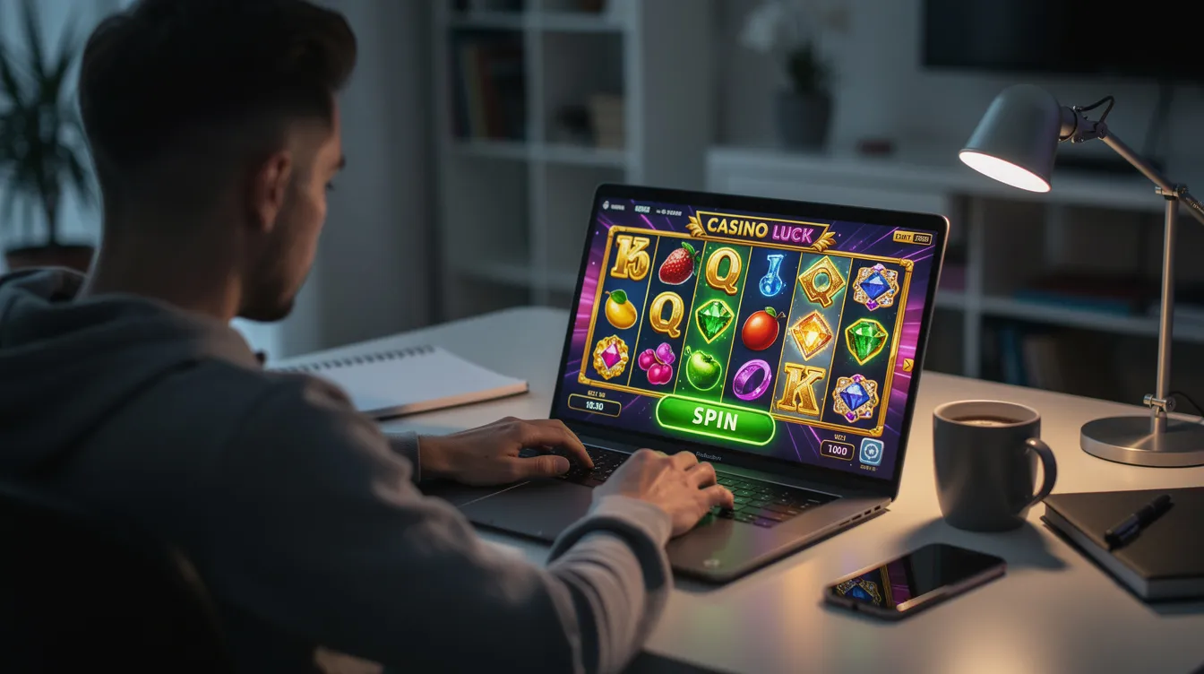 A person is sitting at a desk, focused on a laptop that displays a vibrant casino game interface, indicative of online gambling activities. The scene highlights the allure of casino games found on various gambling sites, including options for new players looking to register and explore their gaming options.