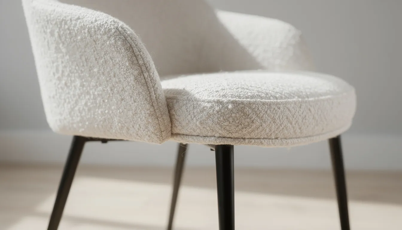 Eetkamerfauteuil kopen? Tips, comfort & stijladvies Close-up van een bouclé gestoffeerde eetkamerstoel met een rijke textuur en slanke metalen poten, perfect voor een moderne eetkamer. Deze handgemaakte stoel biedt comfort en stijl, waardoor hij een ideale aanvulling is voor elke eethoek.