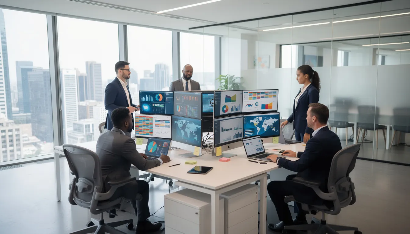 The image depicts a modern corporate office where professionals are engaged in analyzing data displayed on multiple screens, showcasing a collaborative environment focused on financial analytics and credit evaluation. The setting emphasizes the importance of understanding credit profiles and approval rates in the context of credit card applications and prequalification tools.
