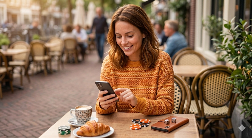 Vrouw gebruikt een casino app op haar smartphone terwijl ze in een café zit, voorbeeld van mobiel casino spelen via online casino apps in Nederland, waar spelers hun favoriete casino games spelen via legale casino apps op iOS en Android.