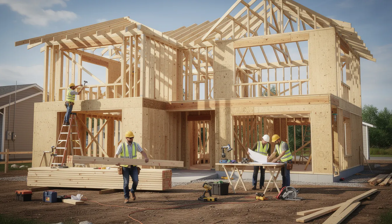 The image depicts a modern home under construction, showcasing wooden framing and several workers actively engaged on site. This project reflects exceptional quality and craftsmanship, embodying the vision of a dream home in the coastal communities of Connecticut.