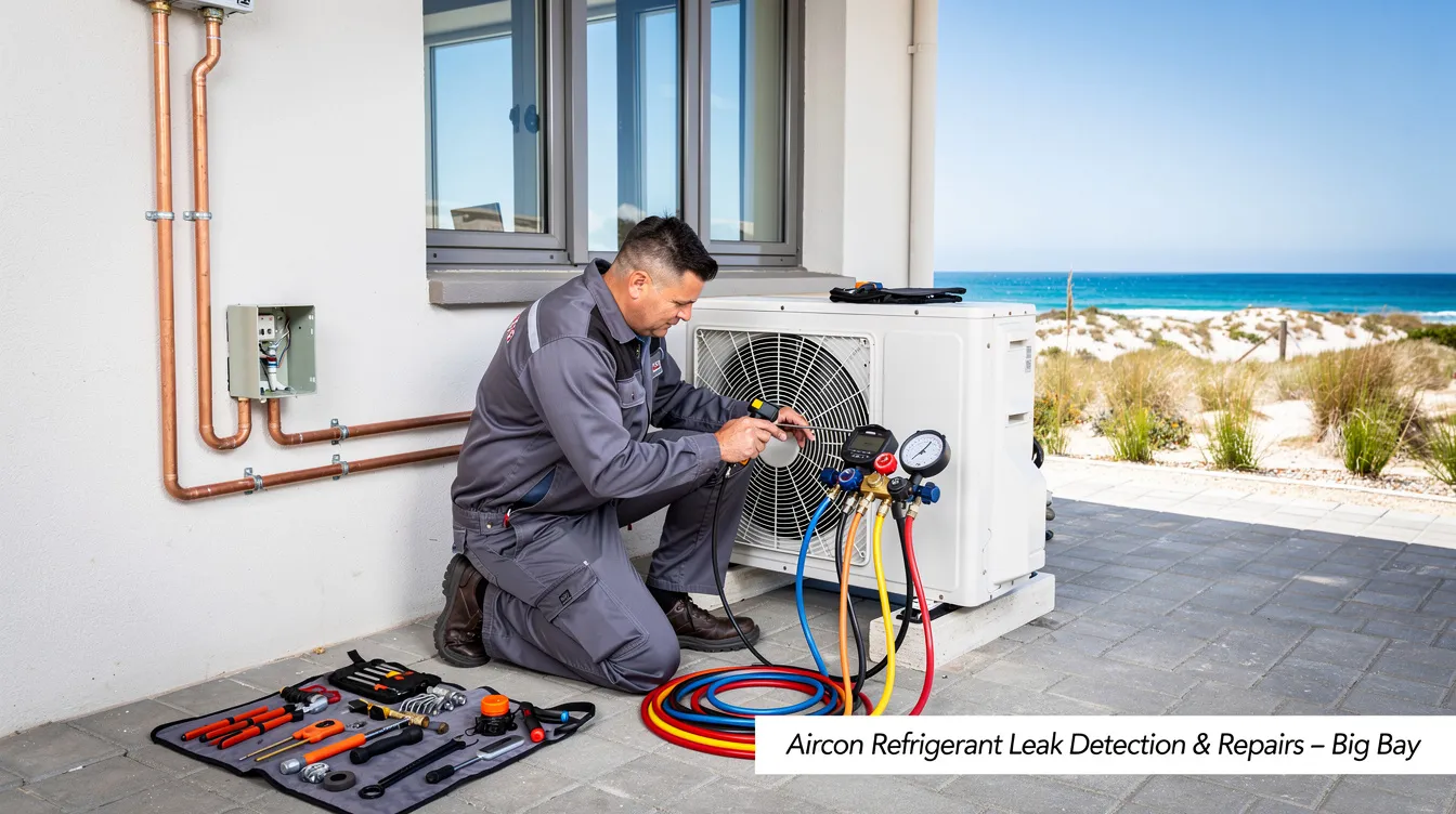 An image depicting expert technicians performing aircon refrigerant leak detection and repairs on a vehicle's air conditioning system in Big Bay. The scene highlights the importance of professional aircon services to ensure efficient cooling and avoid damaging leaks in the system.