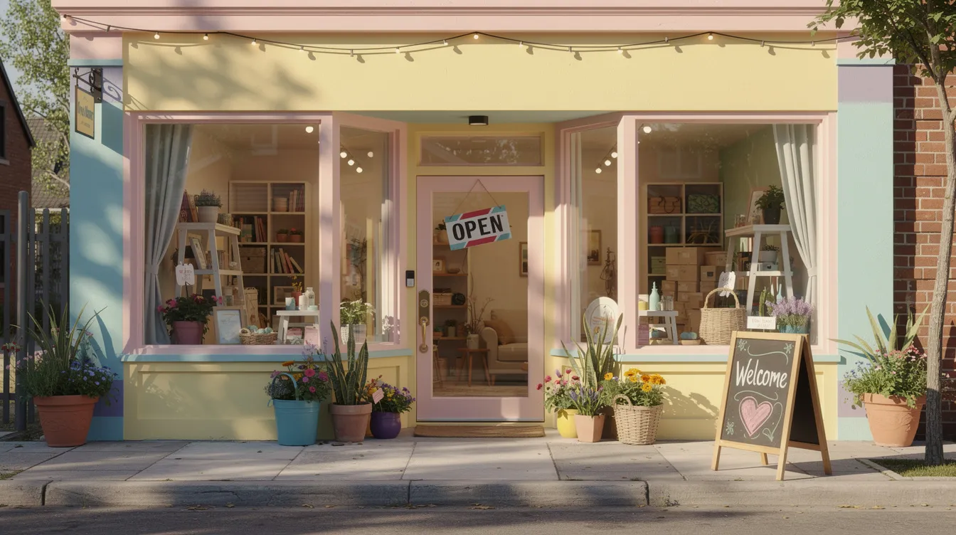 The image depicts a cheerful small business storefront featuring an "Open" sign and a welcoming entrance, inviting customers to explore its offerings. This vibrant scene embodies the essence of local entrepreneurship and community engagement.