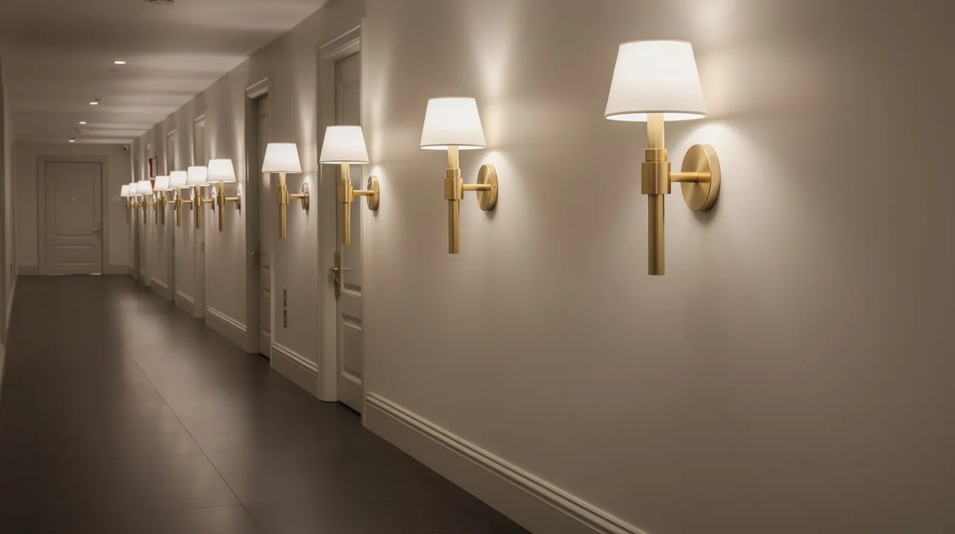 En elegant korridor med flera vägglampor i mässing monterade i rad längs väggen, vilket skapar en hotellkänsla med stilfull belysning. Lamporna ger en varm och inbjudande atmosfär, perfekt för att lysa upp rummet.