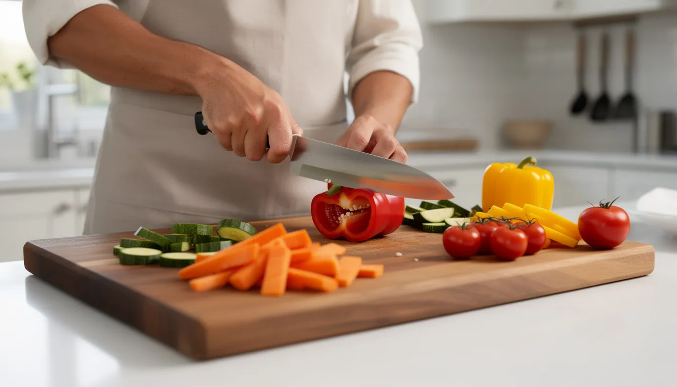 A person is chopping a variety of colorful vegetables on a wooden cutting board in a bright kitchen, emphasizing healthy eating habits that can help you lose weight. The vibrant produce suggests a focus on nutritious foods, which are essential for a balanced weight loss journey.