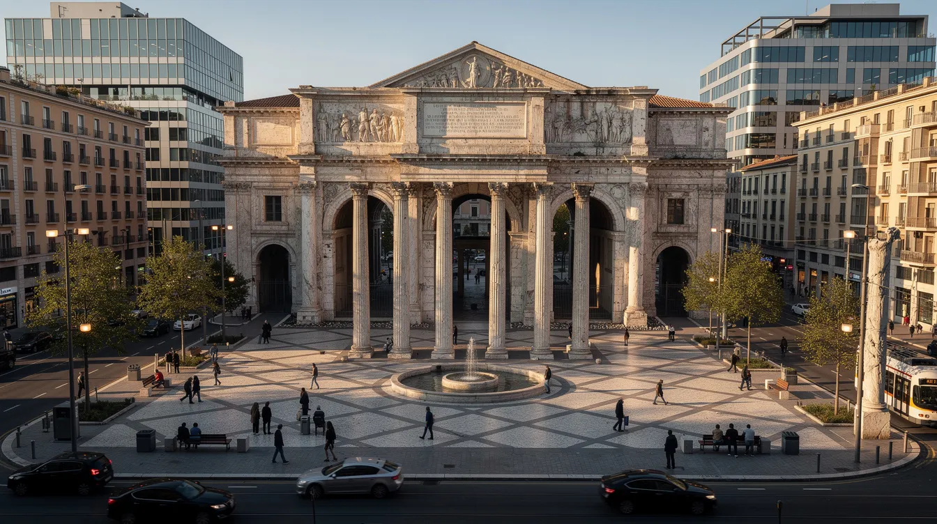 A imagem mostra um antigo palácio romano integrado a uma cidade moderna, com uma imponente praça central cercada por colunas. Ao fundo, é possível ver elementos da arquitetura contemporânea, refletindo a rica história e cultura da Croácia.