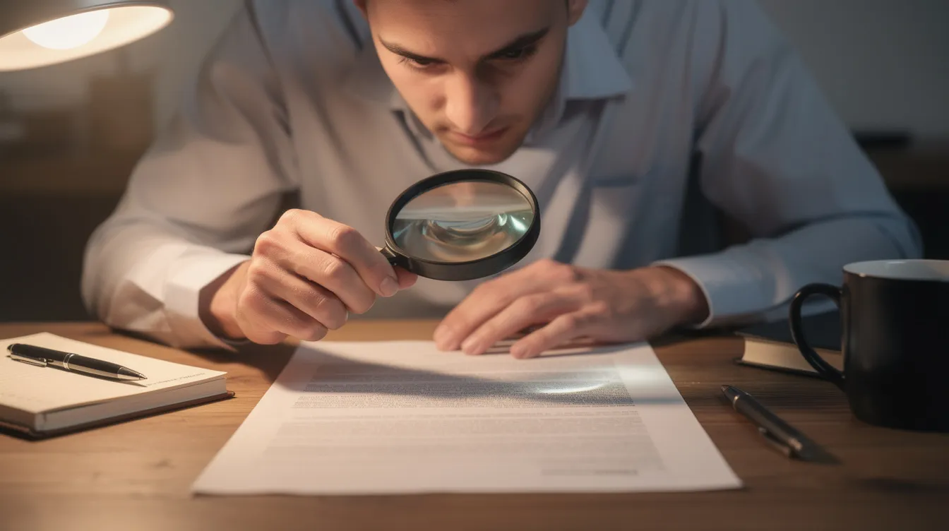 A person is closely examining a document with a magnifying glass while seated at a desk, highlighting the importance of detailed scrutiny in financial matters such as 網上 貸款 and 實際 年 利率. The scene emphasizes the careful consideration required for understanding loan terms and conditions, including 還款 期 and 貸款 額.
