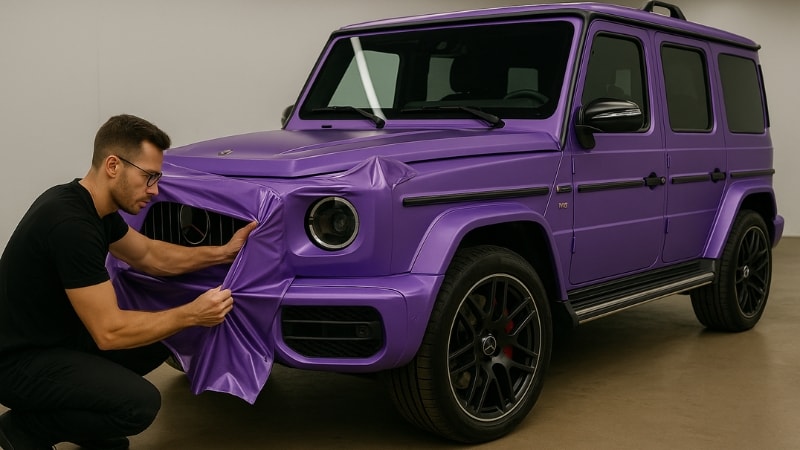A truck being wrapped in purple vinyl wrap