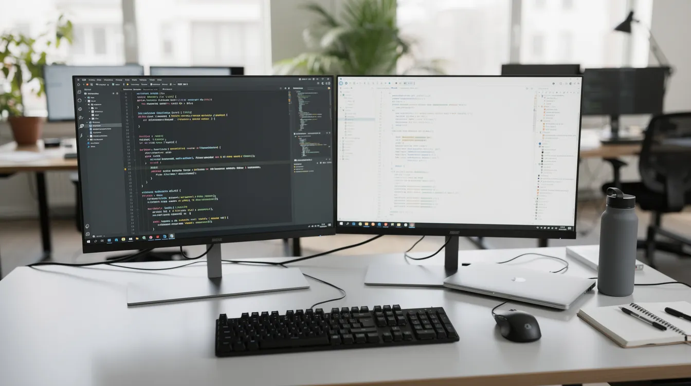 A developer workspace with two monitors showing code side by side
