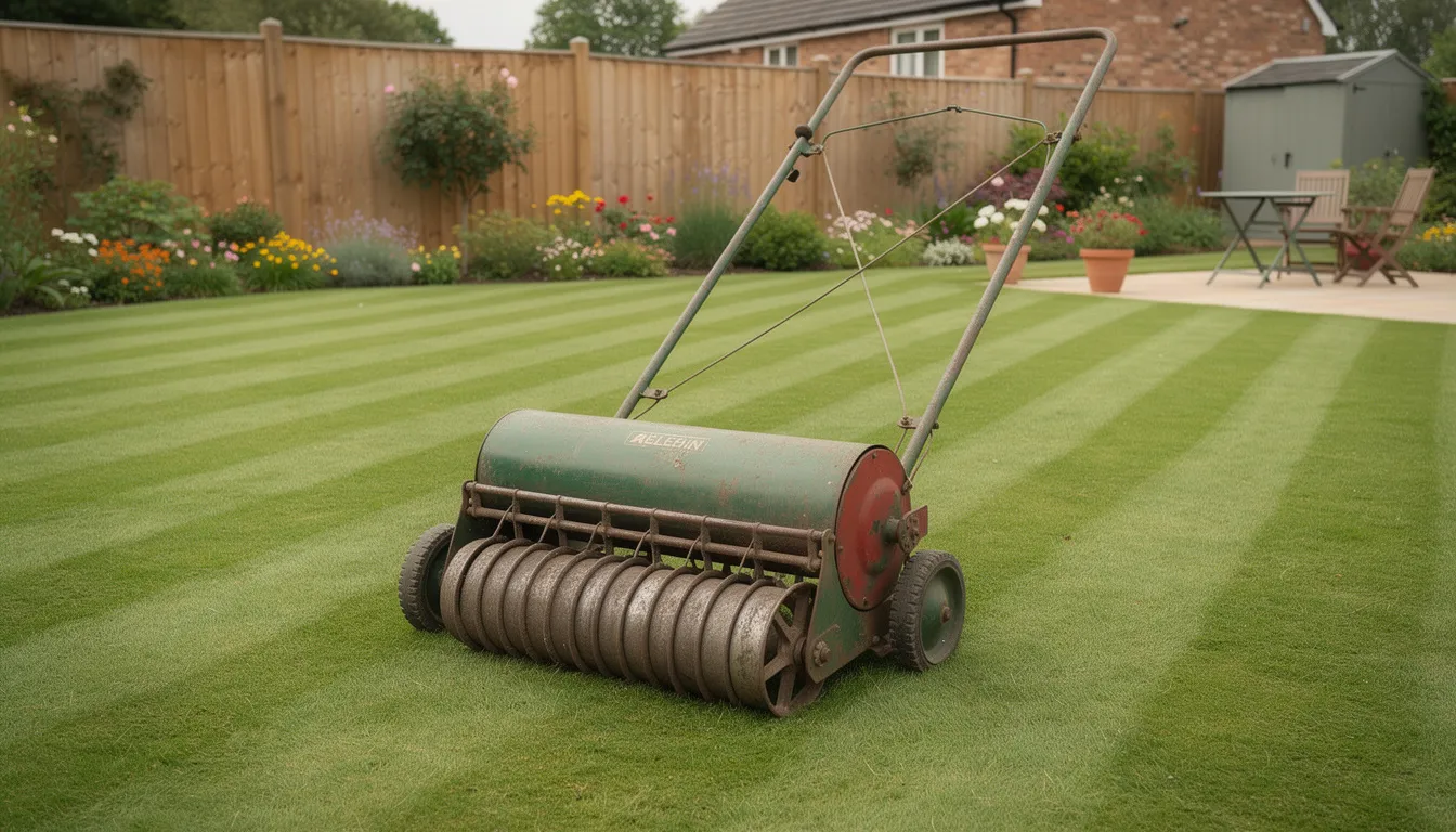 A cylinder mower is positioned on a well-maintained, neatly striped lawn in a UK garden, showcasing the beauty of regular mowing and lawn care. The lush green grass reflects healthy growth, while the surrounding colorful borders enhance the garden's appeal.