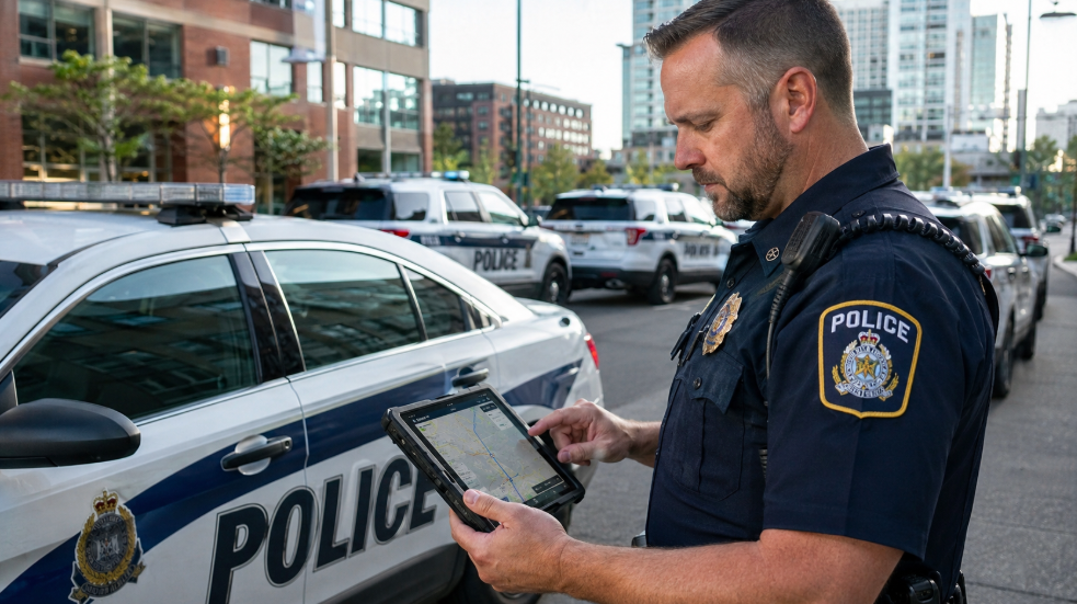 Police officer reviewing GPS tracking dashboard beside patrol car for fleet management and law enforcement surveillance