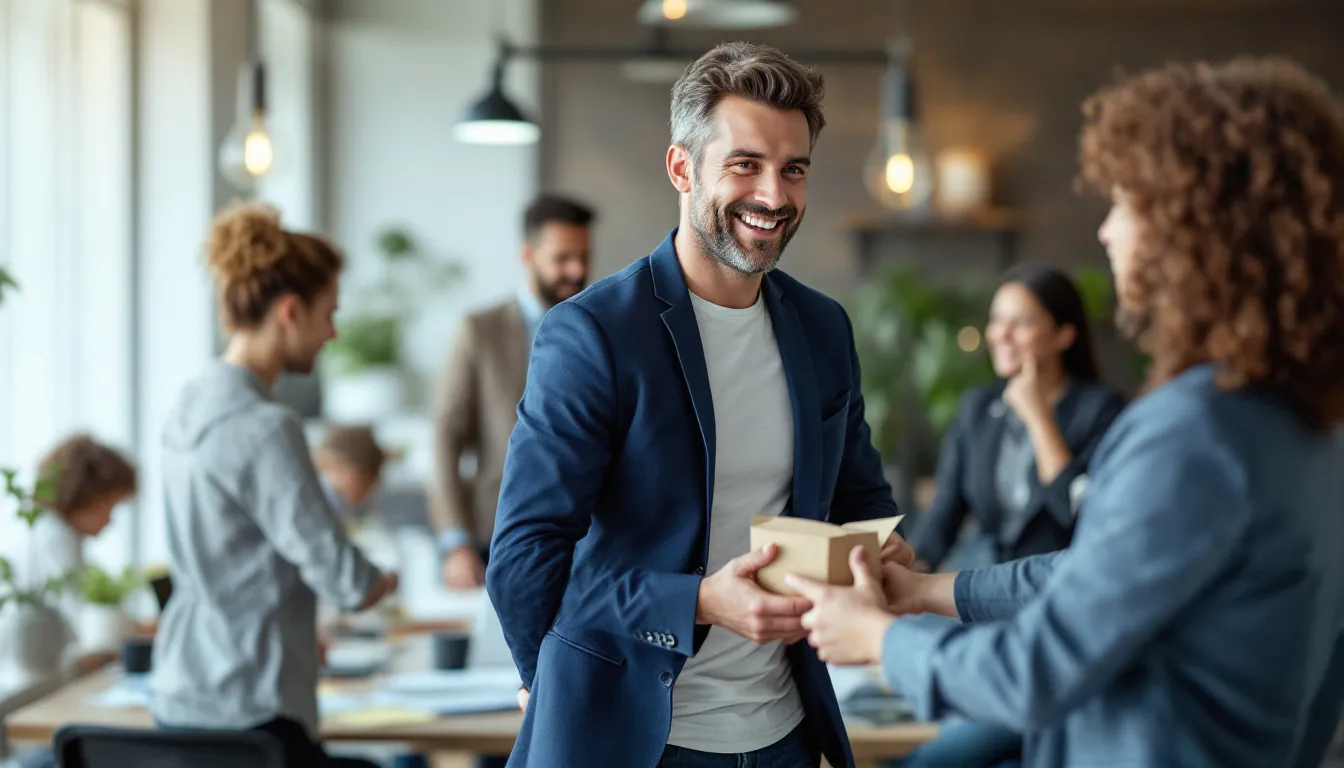 In der Abbildung ist ein Mitarbeiter zu sehen, der in einem positiven Arbeitsumfeld Unterstützung von seinen Kollegen erhält. Die Szene vermittelt eine Atmosphäre der Zusammenarbeit und Wertschätzung, die für ein gesundes Arbeitsklima und eine ausgewogene Work-Life-Balance wichtig ist.