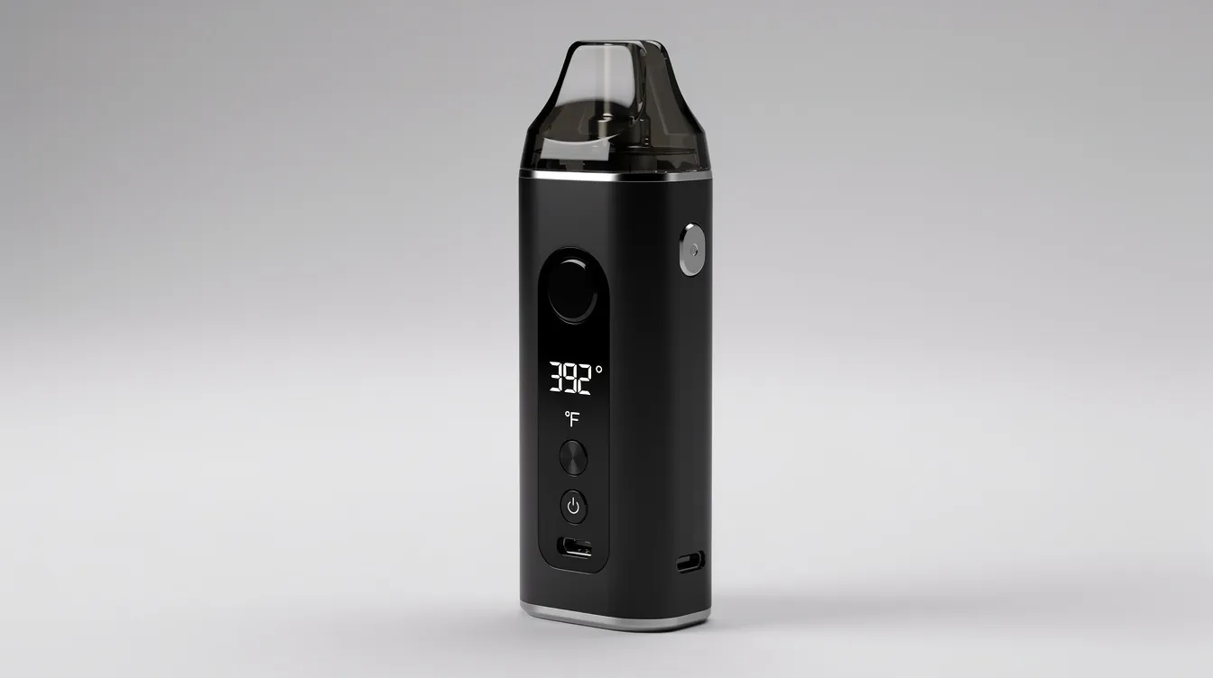 The image features a modern portable dry herb vaporizer, showcasing a digital temperature display and a mouthpiece, highlighting its sleek design for vaping marijuana. This device is associated with various health effects, including potential respiratory issues and risks compared to traditional smoking methods.
