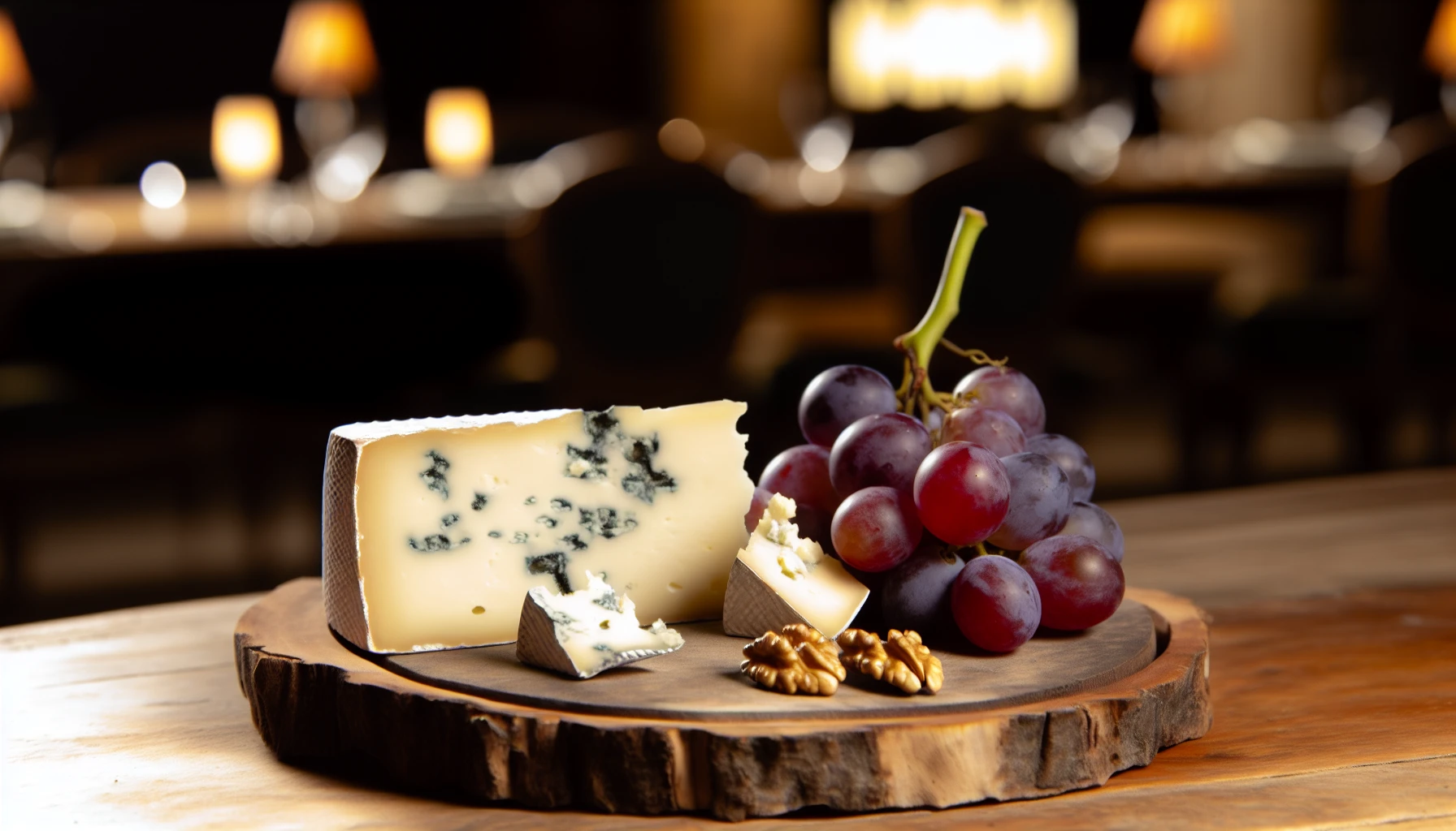 A piece of Roquefort cheese with grapes and nuts
