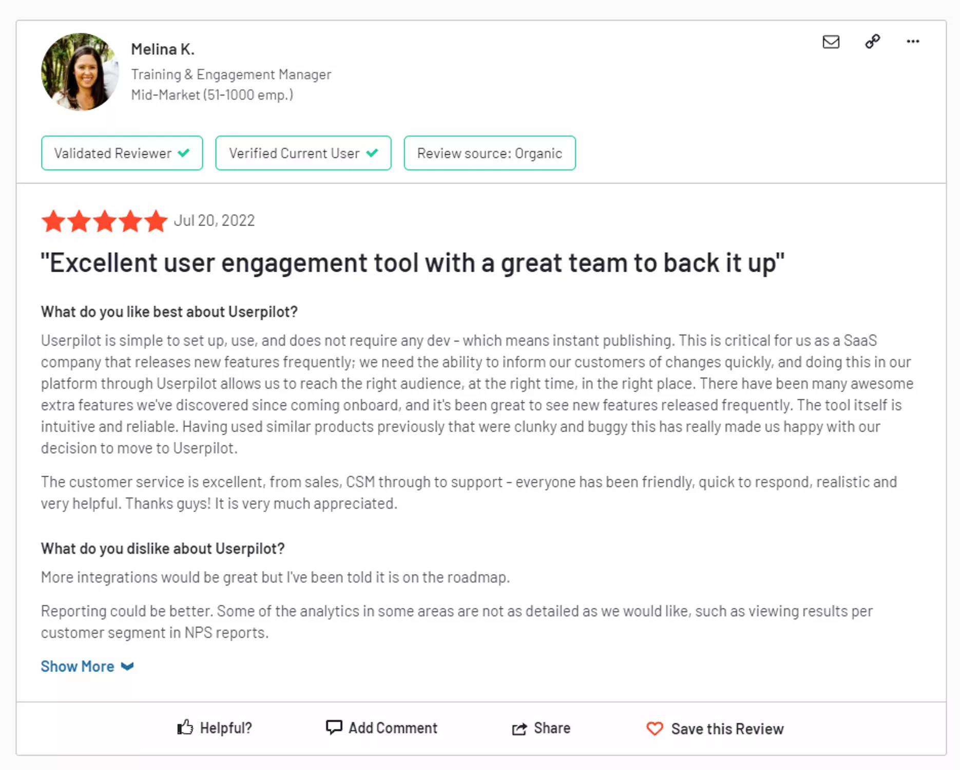 A customer review about Userpilot.