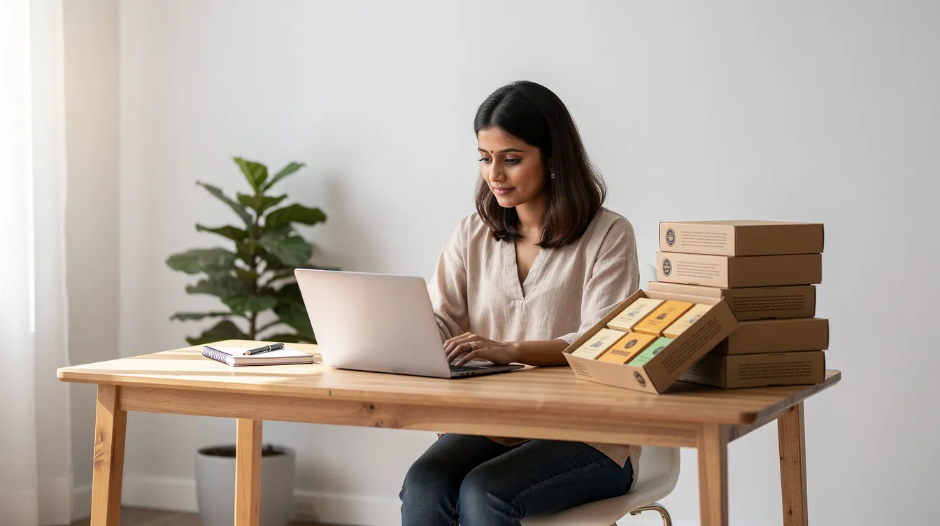 An Indian woman is working from a home office, seated at a simple desk with a laptop open and product boxes neatly arranged around her. This scene reflects the entrepreneurial spirit supported by schemes like the Pradhan Mantri Mudra Yojana, which provides financial assistance to small and micro enterprises in India.