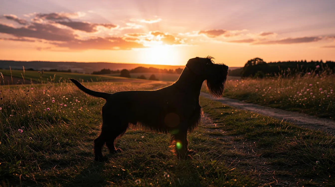 The image features a silhouette of a cesky terrier against a picturesque country landscape during sunset, showcasing the dog's distinctive short legs and slightly wavy coat. The warm hues of the sunset create a vibrant backdrop, highlighting this unique dog breed's friendly personality and active nature.