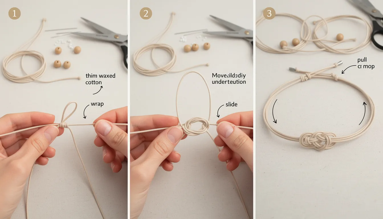 The image depicts a close-up of a sliding knot tied on a cord, showcasing the adjustable loop that allows for easy size modification of a necklace or bracelet. The knot is neatly wrapped, demonstrating its secure grip under tension while remaining flexible for adjustments.