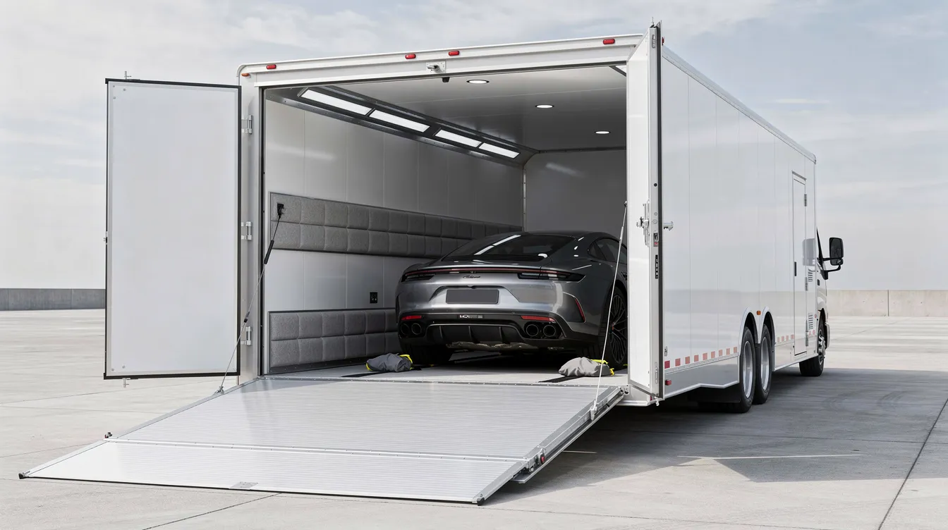 The image shows an enclosed auto transport trailer with its rear door open, revealing a protected vehicle inside, emphasizing the added protection and reliability of vehicle transport services for corporate relocation. This setup ensures that high-value vehicles are transported safely and efficiently to their new destination.