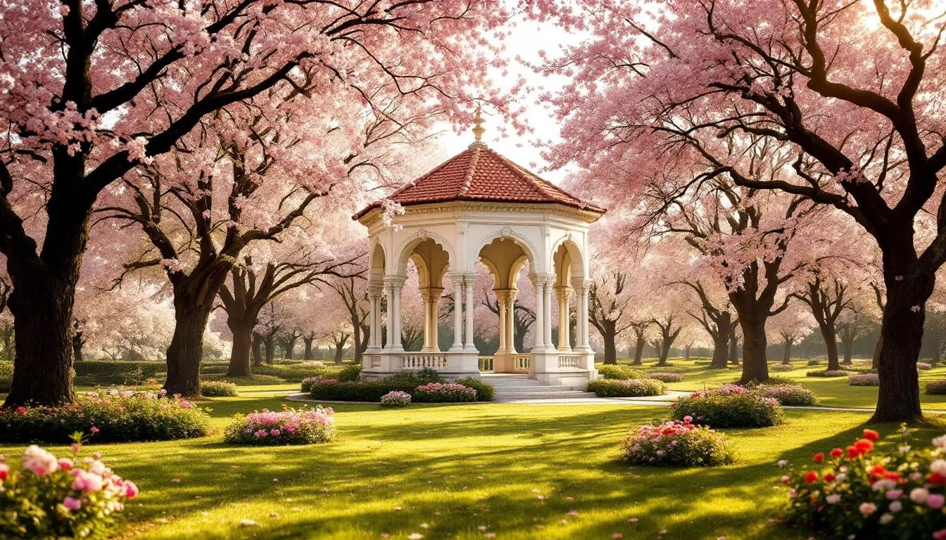 Ein romantischer Pavillon im grünen Schlosspark ist umgeben von blühenden Bäumen, die eine idyllische Kulisse für Trauungen bieten. Diese Atmosphäre eignet sich perfekt für eine Hochzeit in Stuttgart, insbesondere im Schloss Solitude, einem beliebten Trauort in der Landeshauptstadt.