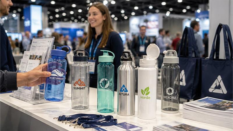 Trade show booth display with lightweight logo water bottles for promotional giveaways