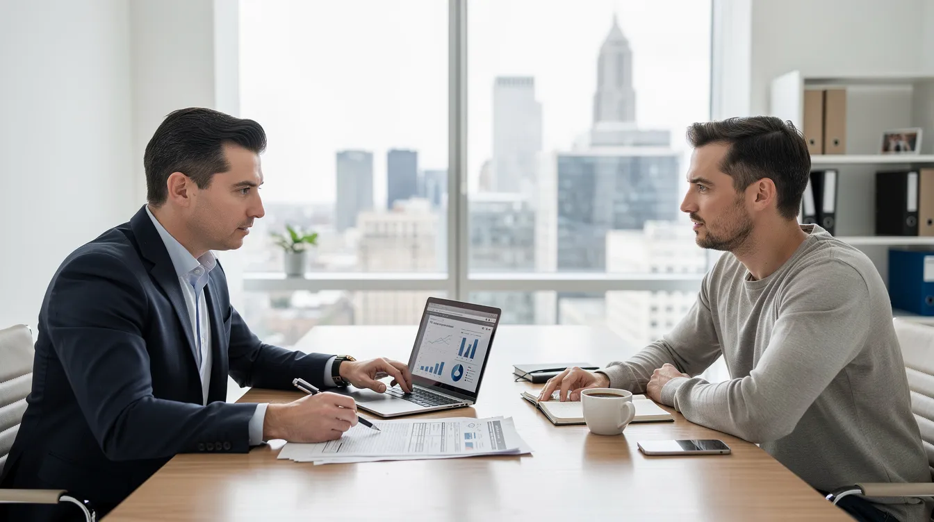 A professional tax consultant is seated at a modern office table, discussing employee retention credit options with a business owner. They are reviewing necessary forms and documentation to maximize tax benefits and ensure client satisfaction for small businesses seeking assistance with ERC claims and tax returns.